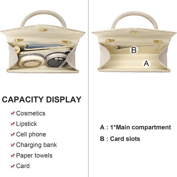 Sparkly Evening Clutch Bag Small Crossbody Purse for Women Weddings Parties - Picture 3 of 6